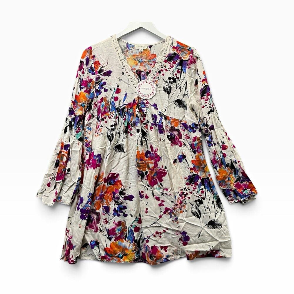 Umgee Women’s Size M White Multicolor Floral V-Neck Puff Sleeve Lace Tunic